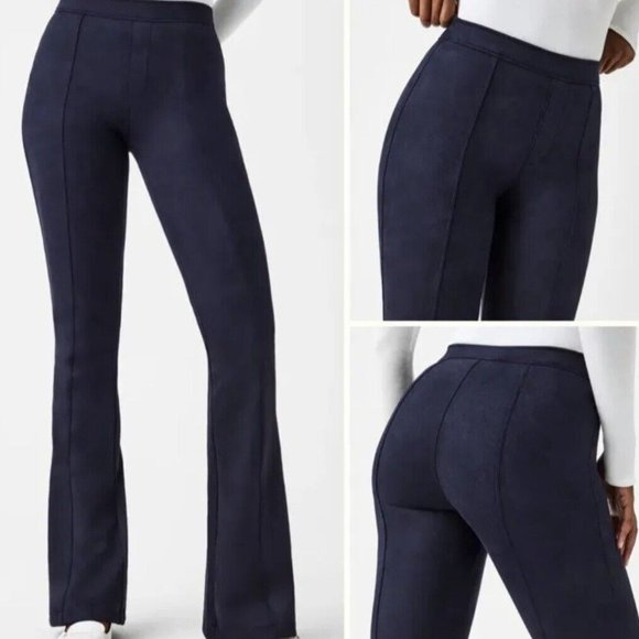 SPANX Faux Suede Flare Pants Pull On Stretchy Slimming Navy Blue Boho NWT - Picture 6 of 10